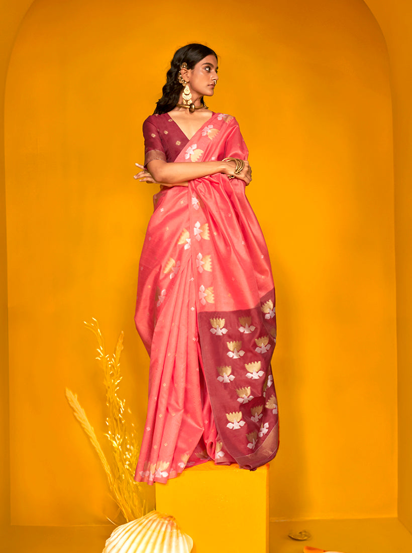 Monjolika Fashion Peach Handloom Silk Weaving Zari Designer Saree