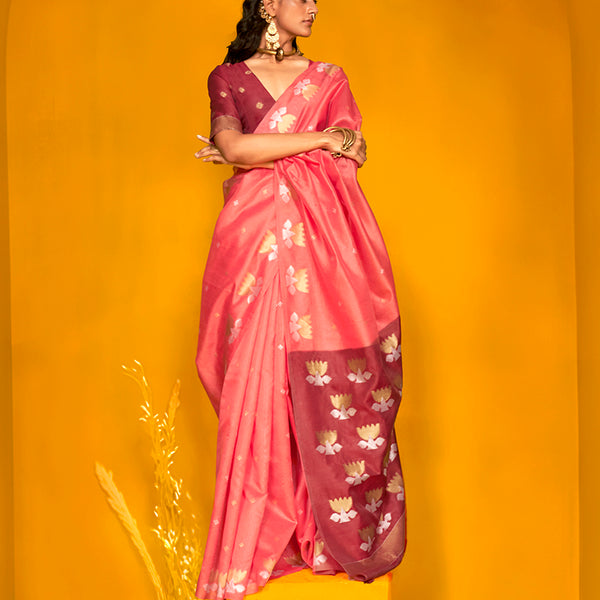 Monjolika Fashion Peach Handloom Silk Weaving Zari Designer Saree - Distacart