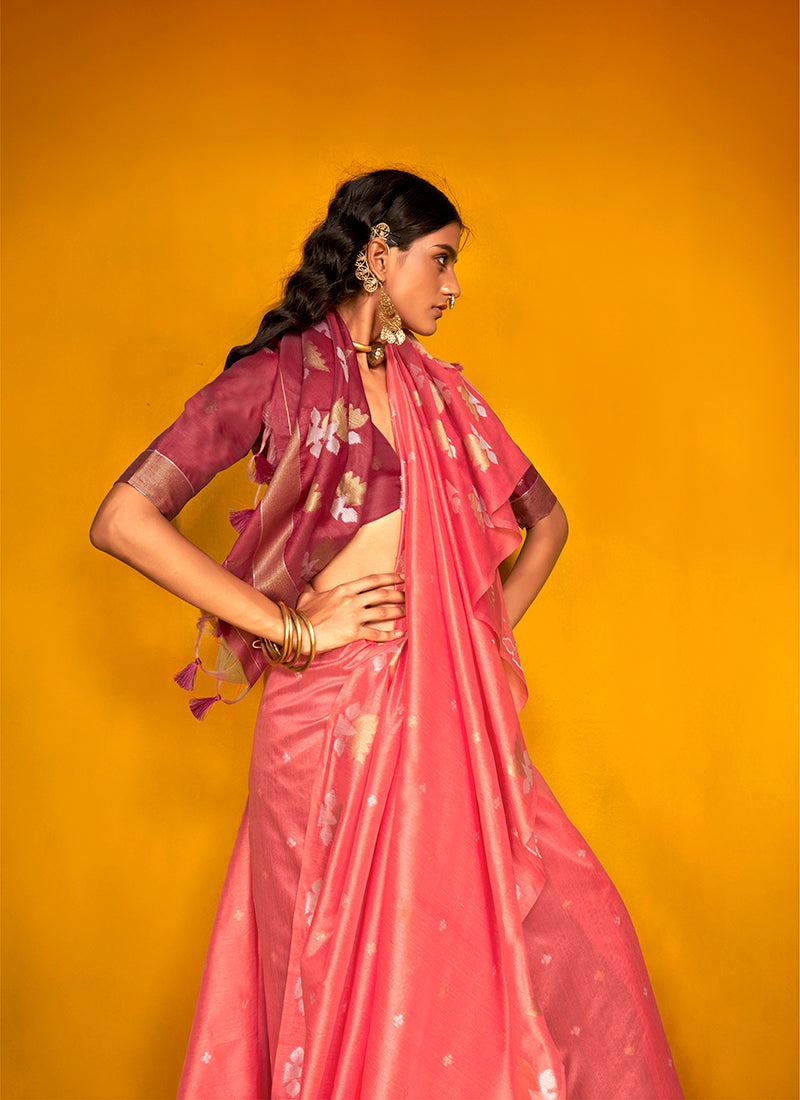 Monjolika Fashion Peach Handloom Silk Weaving Zari Designer Saree