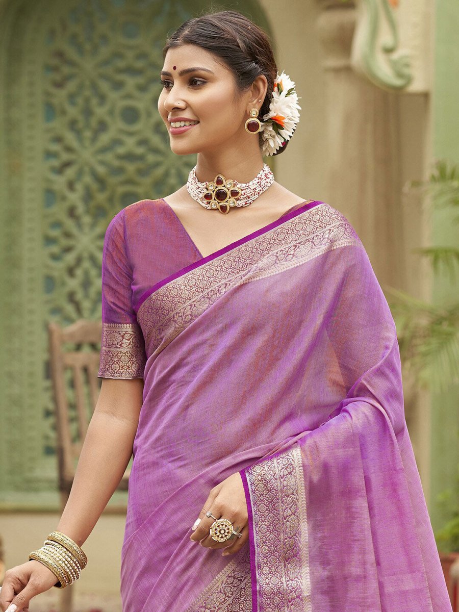 Anouk Lavender & Gold Toned Zari Tussar Silk Saree - Distacart