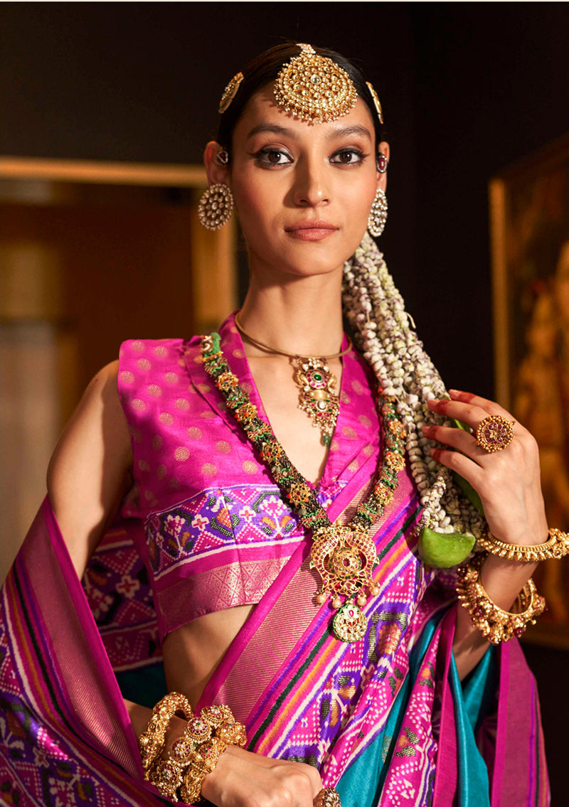 Monjolika Fashion Blue Patola Printed Silk Contemporary Saree For Ceremonial