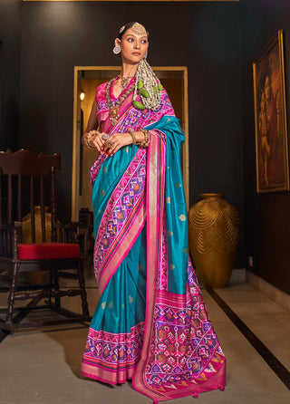 Monjolika Fashion Blue Patola Printed Silk Contemporary Saree For Ceremonial