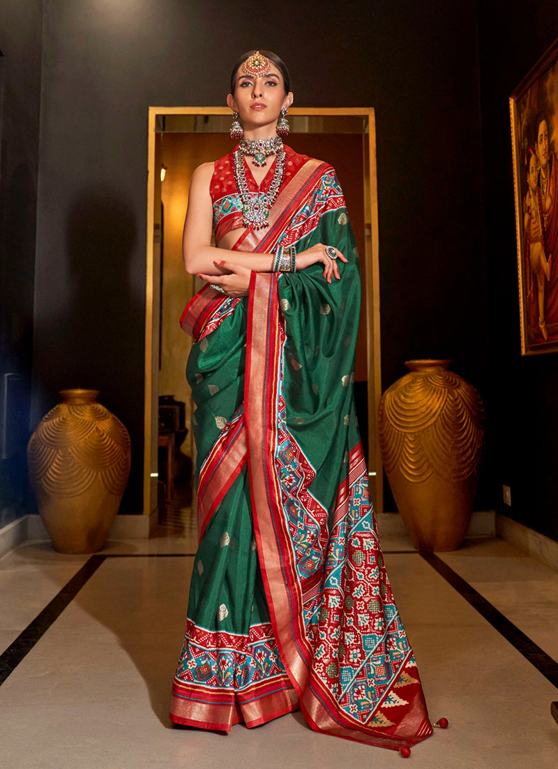 Monjolika Fashion Dark Green Color Patola Printed Work Silk Classic Saree