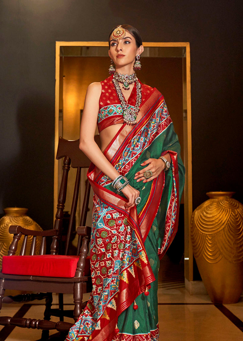 Monjolika Fashion Dark Green Color Patola Printed Work Silk Classic Saree