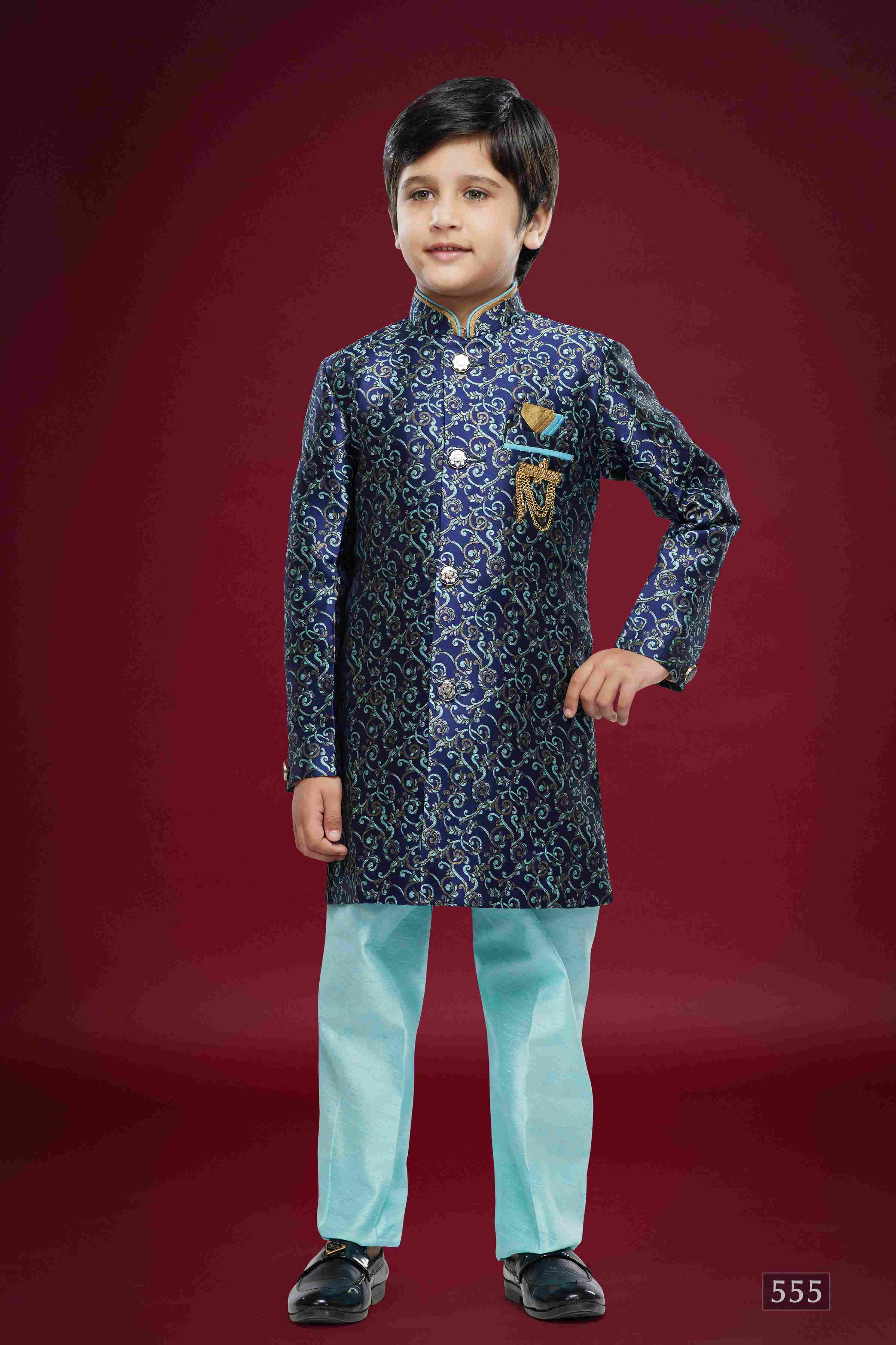 Raivat Ethnic Kids Banarasi Jacquard Woven Work Semi Indo Western Set Blue Colour - Distacart