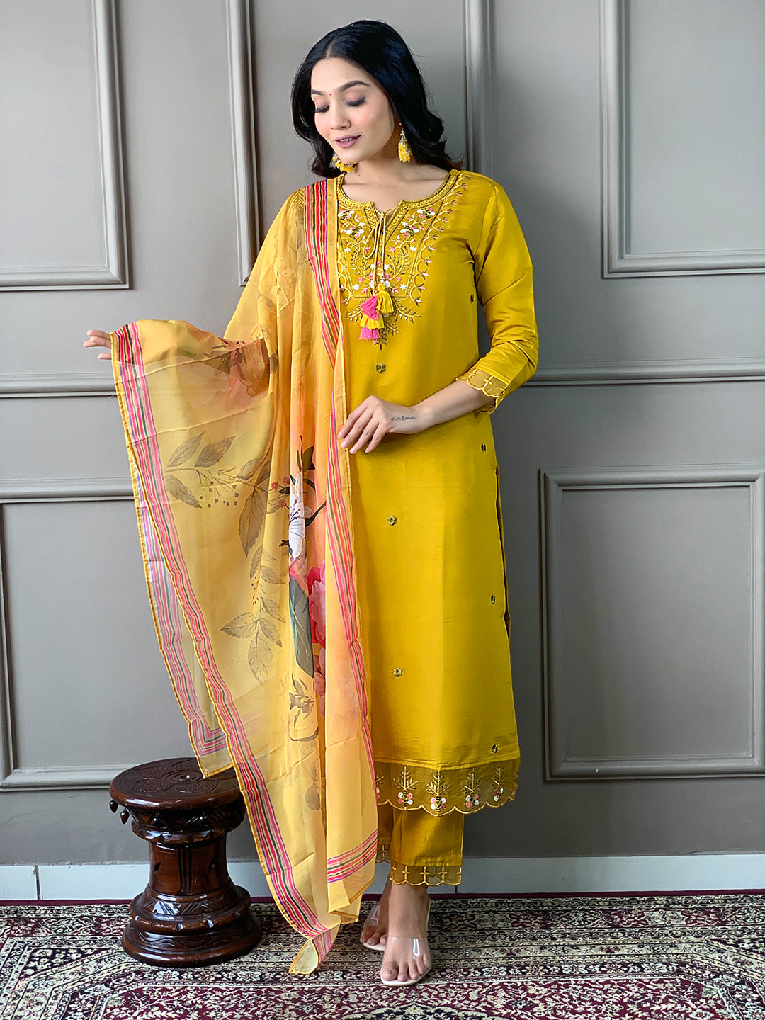 The52 Mustard Embroidered Chanderi Fabric Straight Kurta, Pant and Dupatta Set
