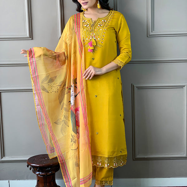 The52 Mustard Embroidered Chanderi Fabric Straight Kurta, Pant and Dupatta Set