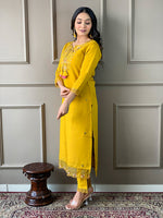 Thumbnail for The52 Mustard Embroidered Chanderi Fabric Straight Kurta, Pant and Dupatta Set