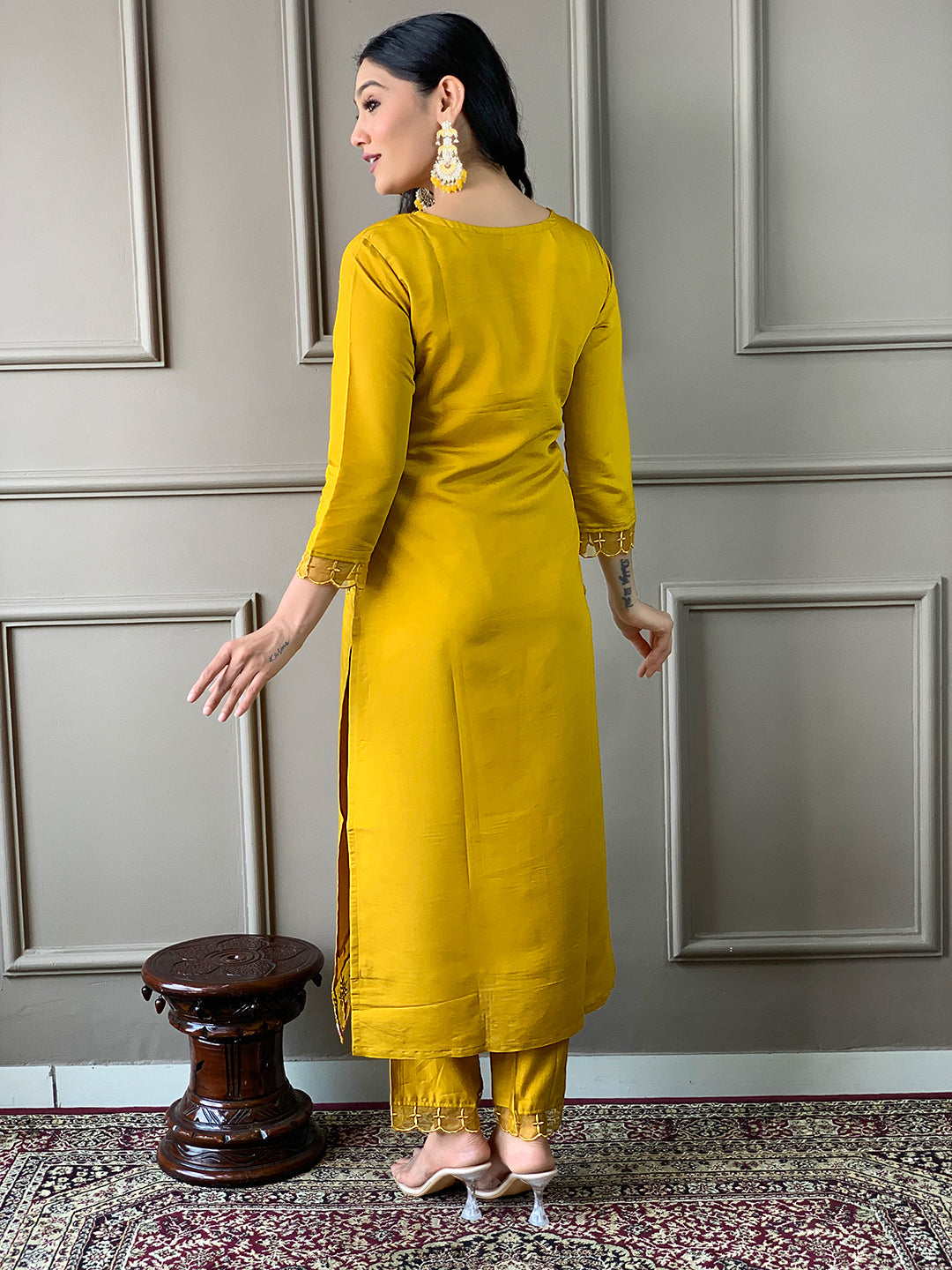 The52 Mustard Embroidered Chanderi Fabric Straight Kurta, Pant and Dupatta Set