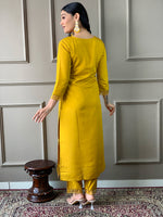 Thumbnail for The52 Mustard Embroidered Chanderi Fabric Straight Kurta, Pant and Dupatta Set