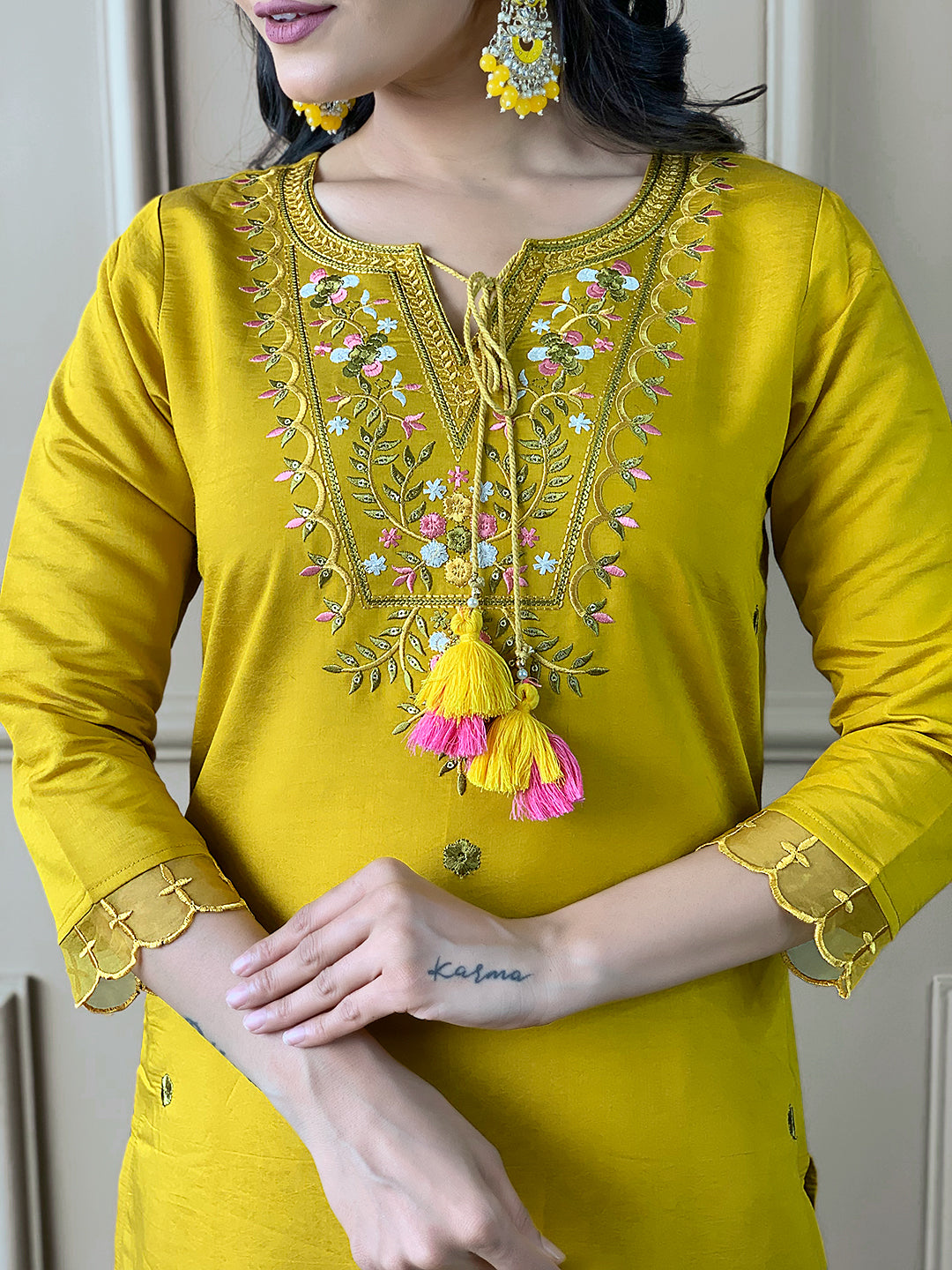 The52 Mustard Embroidered Chanderi Fabric Straight Kurta, Pant and Dupatta Set