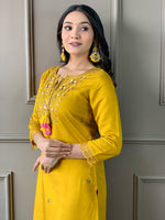 Thumbnail for The52 Mustard Embroidered Chanderi Fabric Straight Kurta, Pant and Dupatta Set