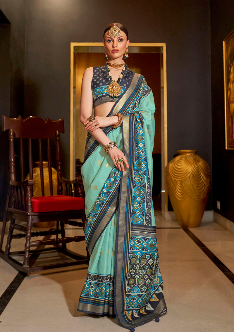 Monjolika Fashion Sea Green Patola Printed Work Silk Designer Saree
