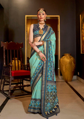 Monjolika Fashion Sea Green Patola Printed Work Silk Designer Saree