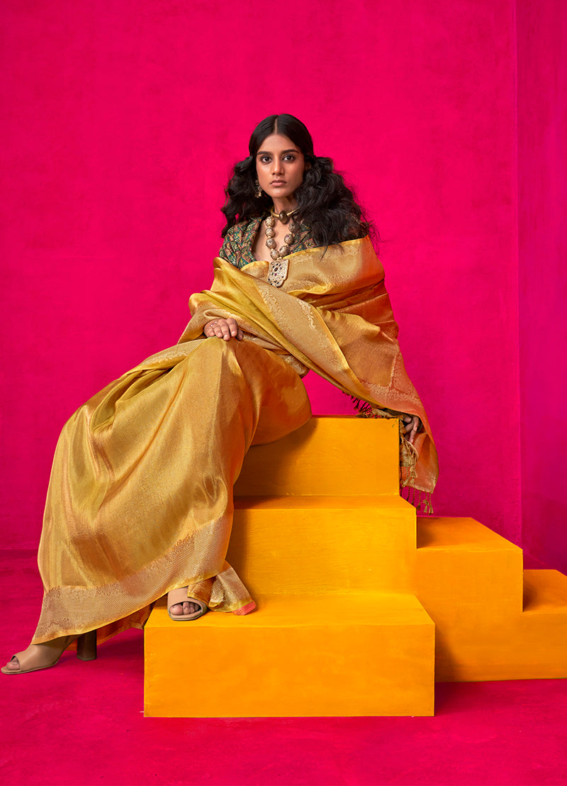 Monjolika Fashion Mustard Weaving Tissue Silk Traditional Saree
