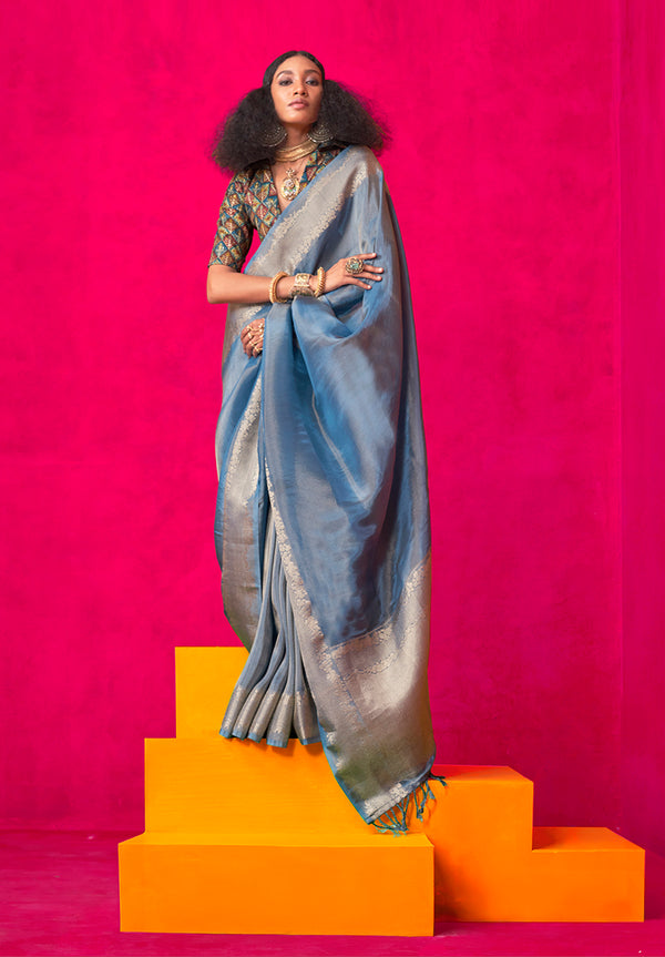 Monjolika Fashion Sky Blue Weaving Tissue Silk Traditional Saree