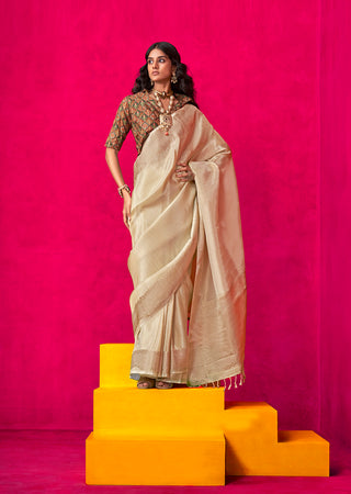 Monjolika Fashion Cream Weaving Tissue Silk Traditional Saree