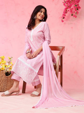 Anouk Pink Paisley Embroidered V-Neck Pure Cotton Straight Kurta with Trousers & Dupatta - Distacart