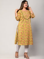Thumbnail for Swasti Women Yellow Floral Printed Flared Sleeves Thread Work Floral Kurta