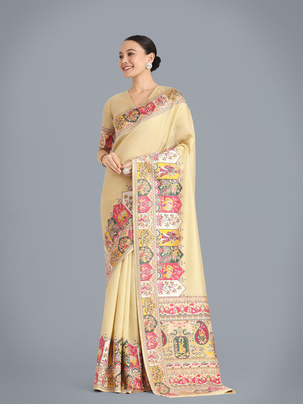 Monjolika Fashion Pashmina Silk Beige Gold Zari Woven Saree? - Distacart