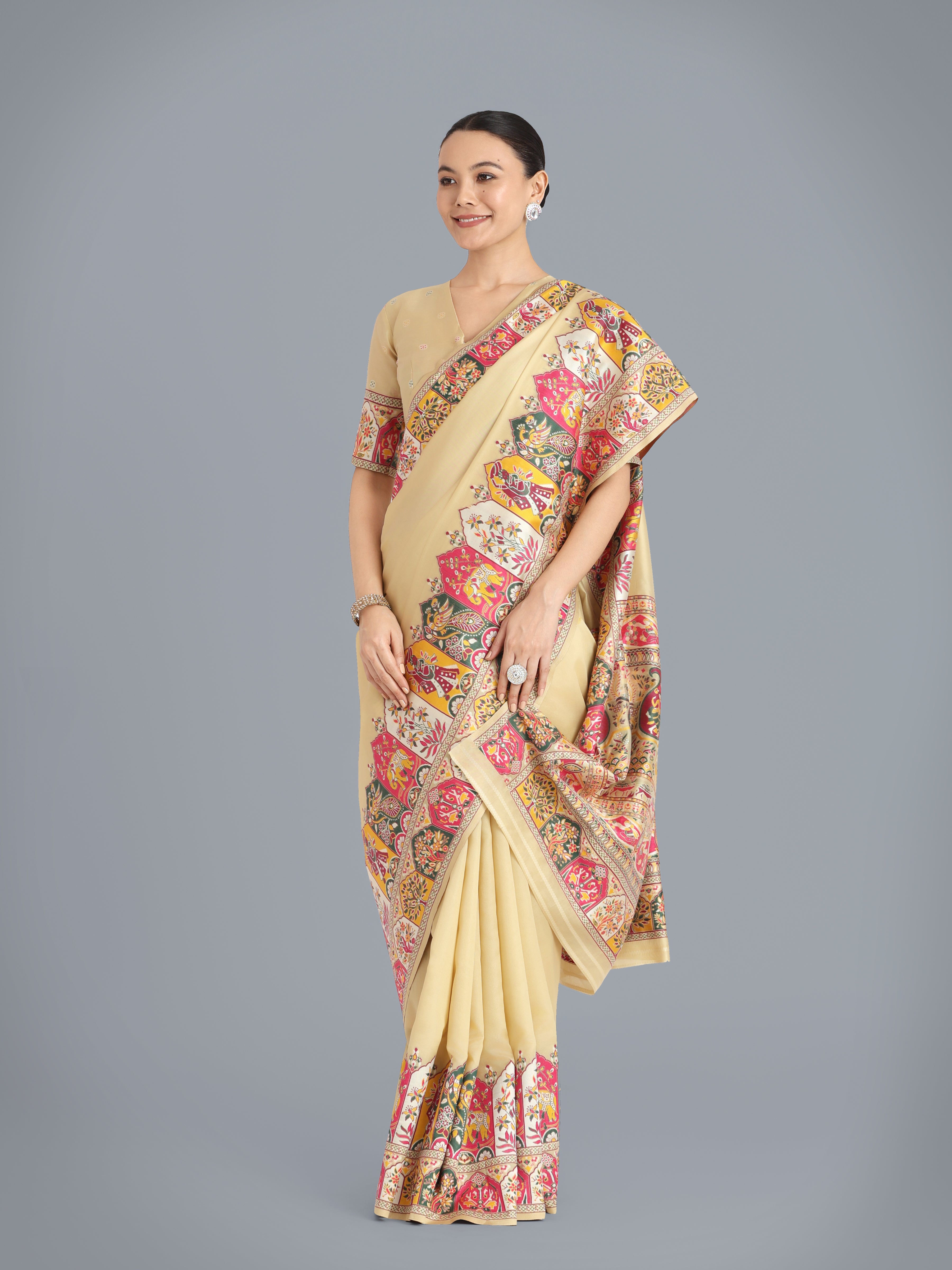Monjolika Fashion Pashmina Silk Beige Gold Zari Woven Saree? - Distacart