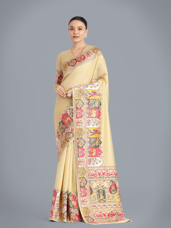 Monjolika Fashion Pashmina Silk Beige Gold Zari Woven Saree? - Distacart