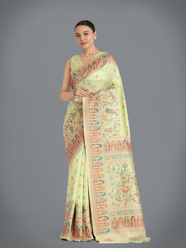 Monjolika Fashion Pashmina Silk Pista Gold Zari Woven Saree?