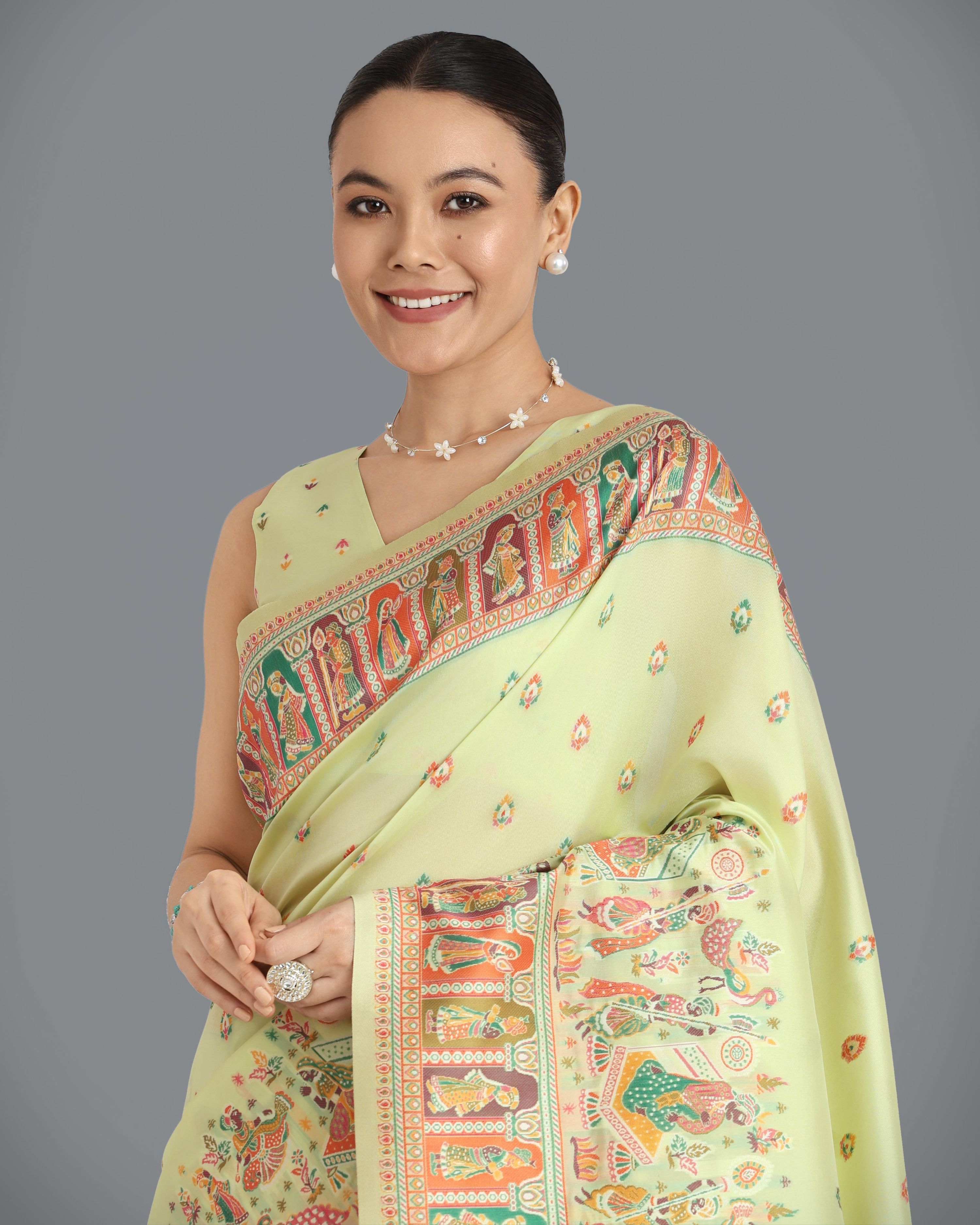 Monjolika Fashion Pashmina Silk Pista Gold Zari Woven Saree?