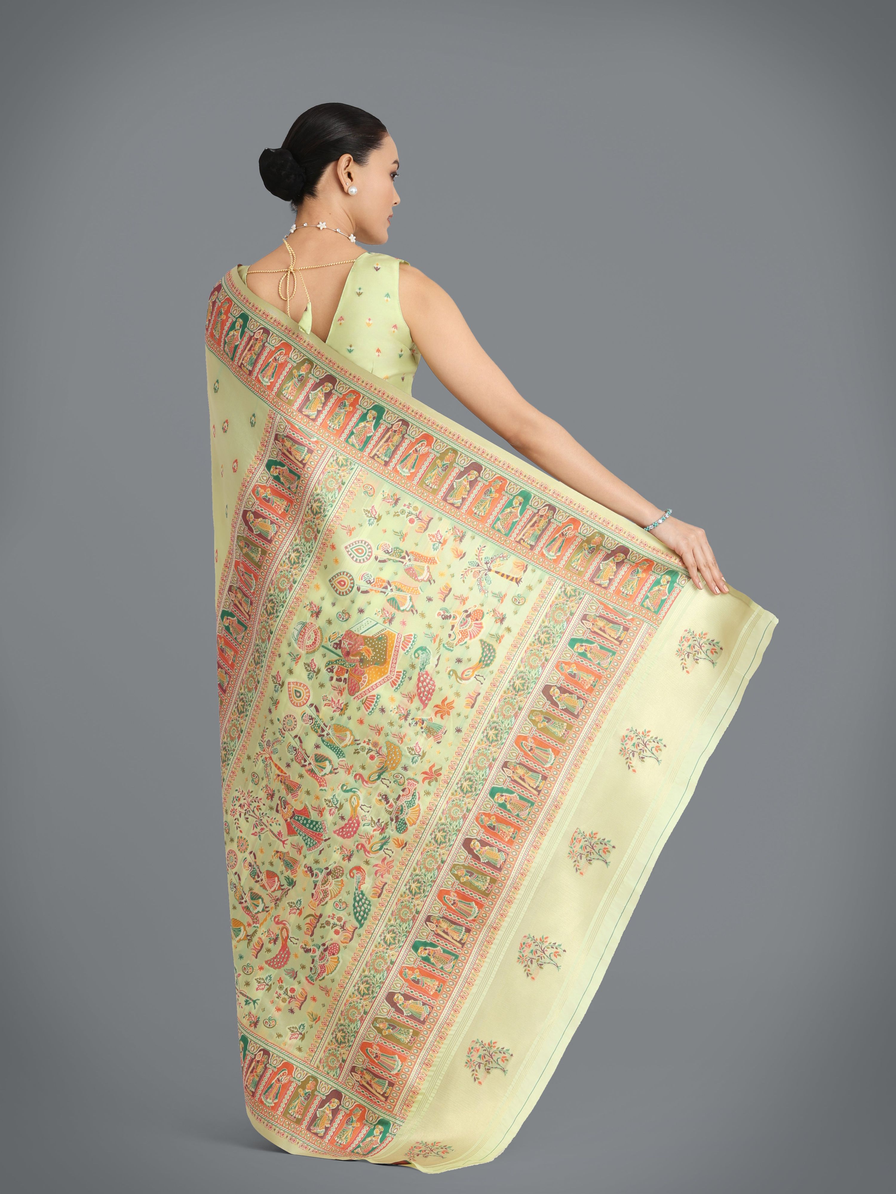 Monjolika Fashion Pashmina Silk Pista Gold Zari Woven Saree?