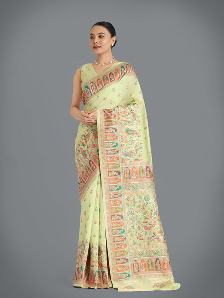 Monjolika Fashion Pashmina Silk Pista Gold Zari Woven Saree?