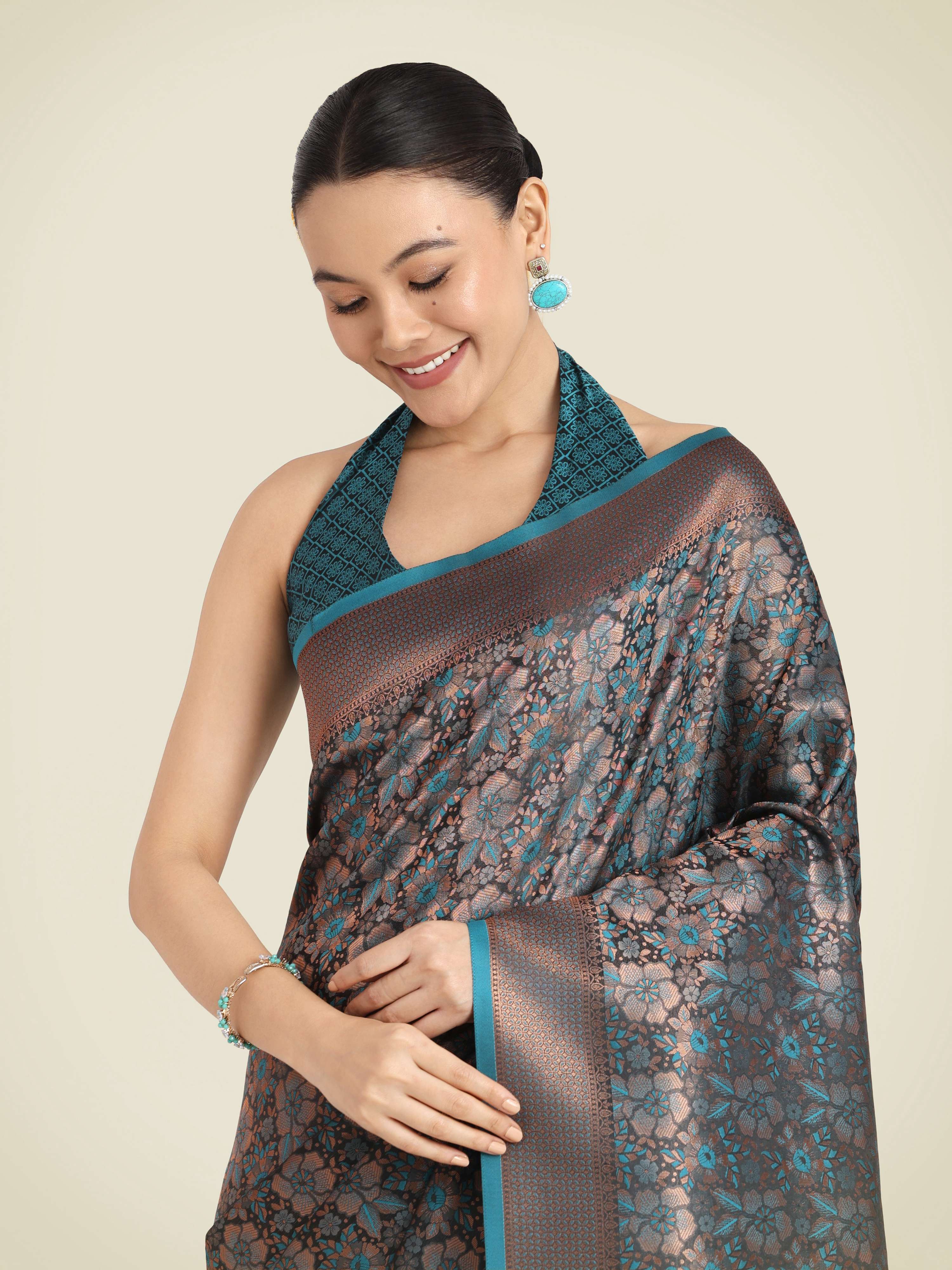 Monjolika Fashion Teal Color Banarasi Silk Woven Saree - Distacart