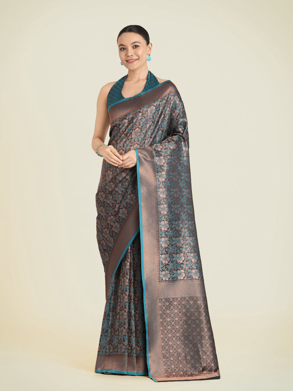 Monjolika Fashion Teal Color Banarasi Silk Woven Saree - Distacart