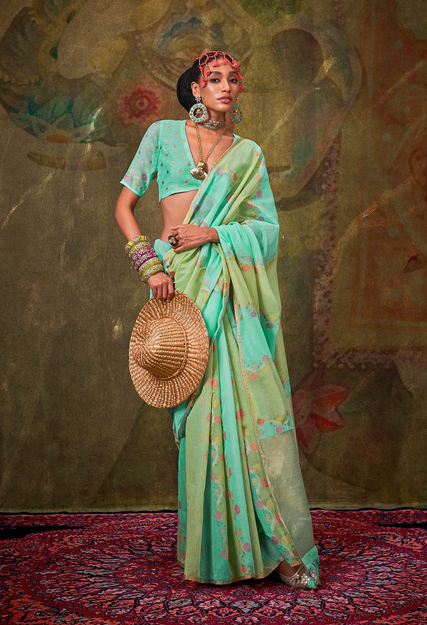 Monjolika Fashion Handloom Cotton Green And Turquoise Weaving Contemporary Saree