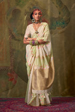 Thumbnail for Monjolika Fashion Handloom Cotton Weaving Cream Traditional Saree