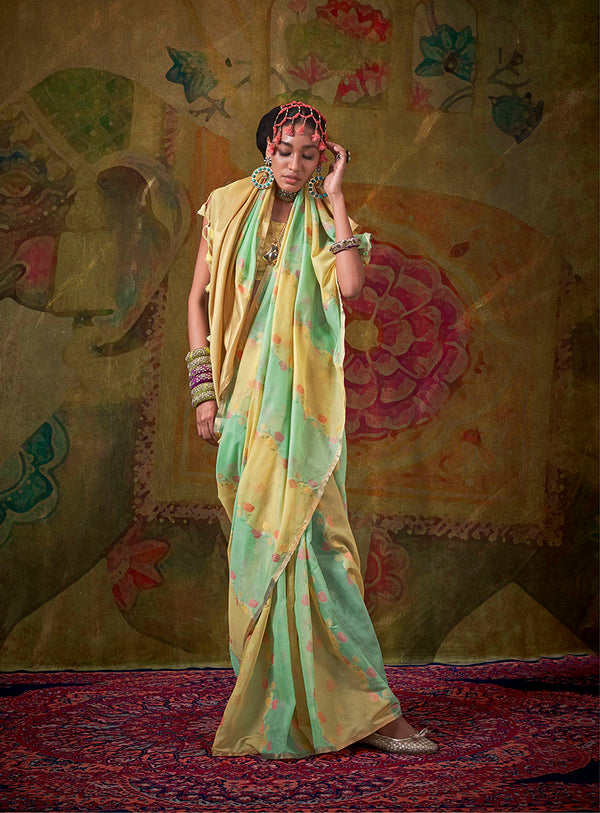 Monjolika Fashion Sea Green And Yellow Weaving Handloom Cotton Classic Saree