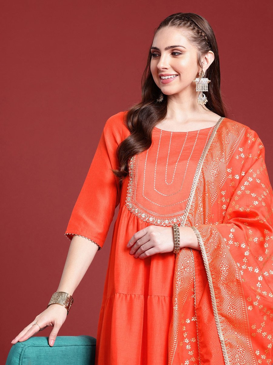 Anouk Floral Yoke Design Tiered Gotta Patti A-Line Kurta With Trousers & With Dupatta - Distacart