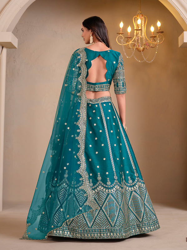 Monjolika Fashion Art Silk Embroidered Teal Lehenga Choli