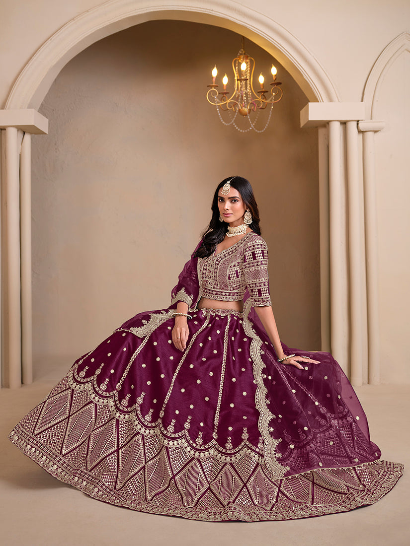 Monjolika Fashion Art Silk Embroidered Dark Purple Lehenga Choli