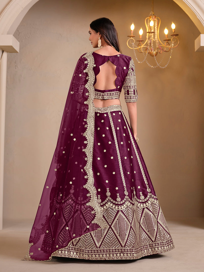 Monjolika Fashion Art Silk Embroidered Dark Purple Lehenga Choli