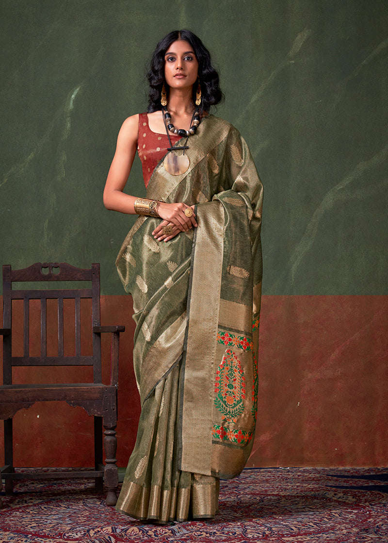 Monjolika Fashion Weaving Zari Tissue Silk Designer Saree In Dark Green