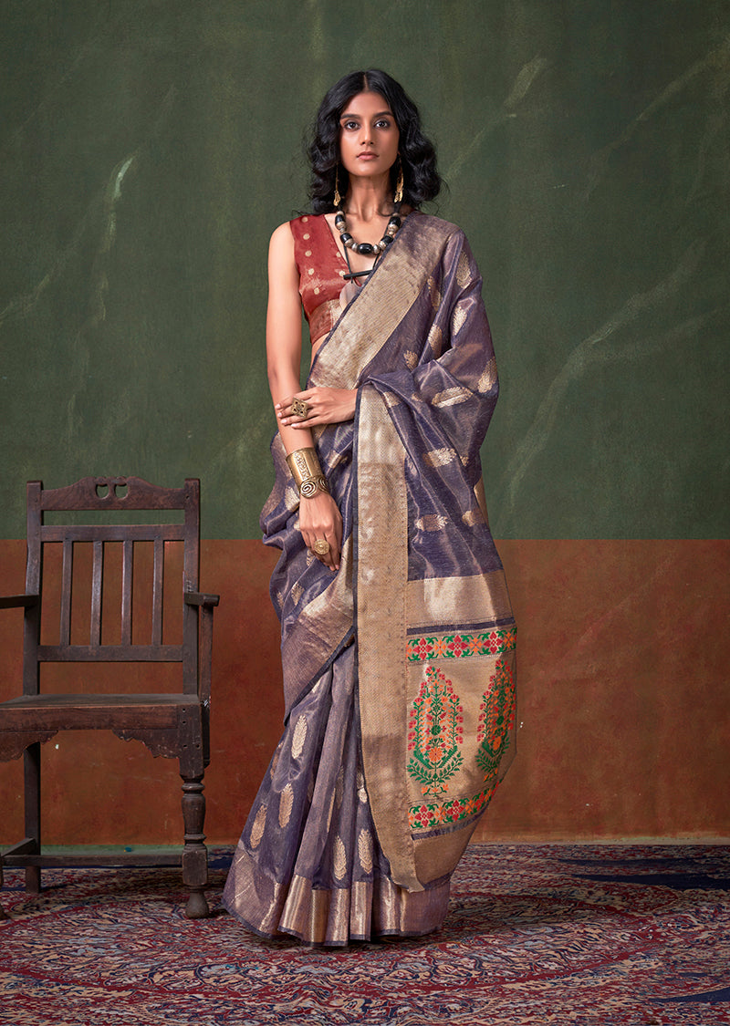 Monjolika Fashion Weaving Zari Tissue Silk Designer Saree In Violet