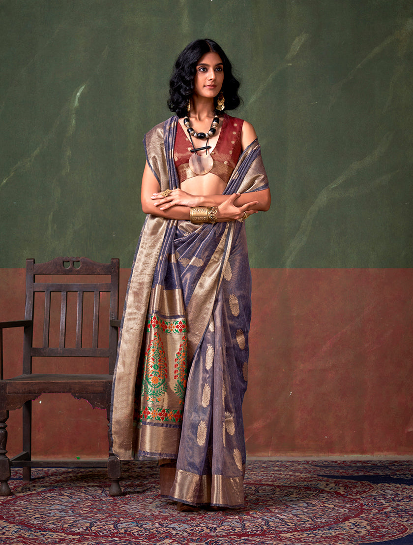 Monjolika Fashion Weaving Zari Tissue Silk Designer Saree In Violet