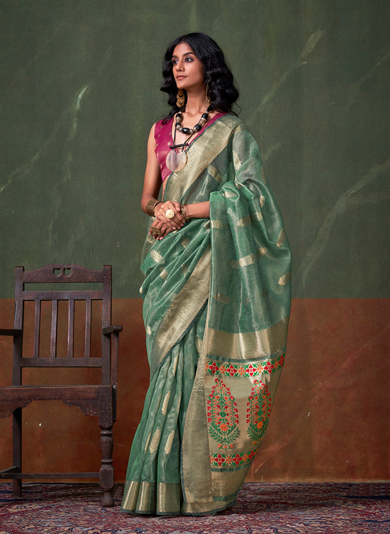 Monjolika Fashion Weaving Zari Tissue Silk Designer Saree In Sea Green