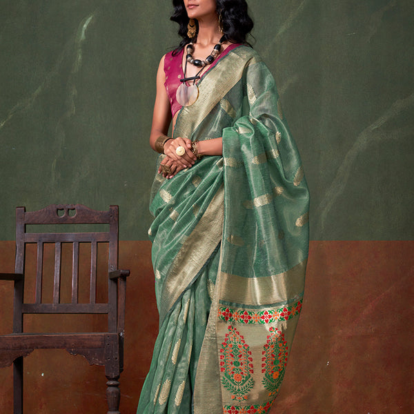 Monjolika Fashion Weaving Zari Tissue Silk Designer Saree In Sea Green - Distacart