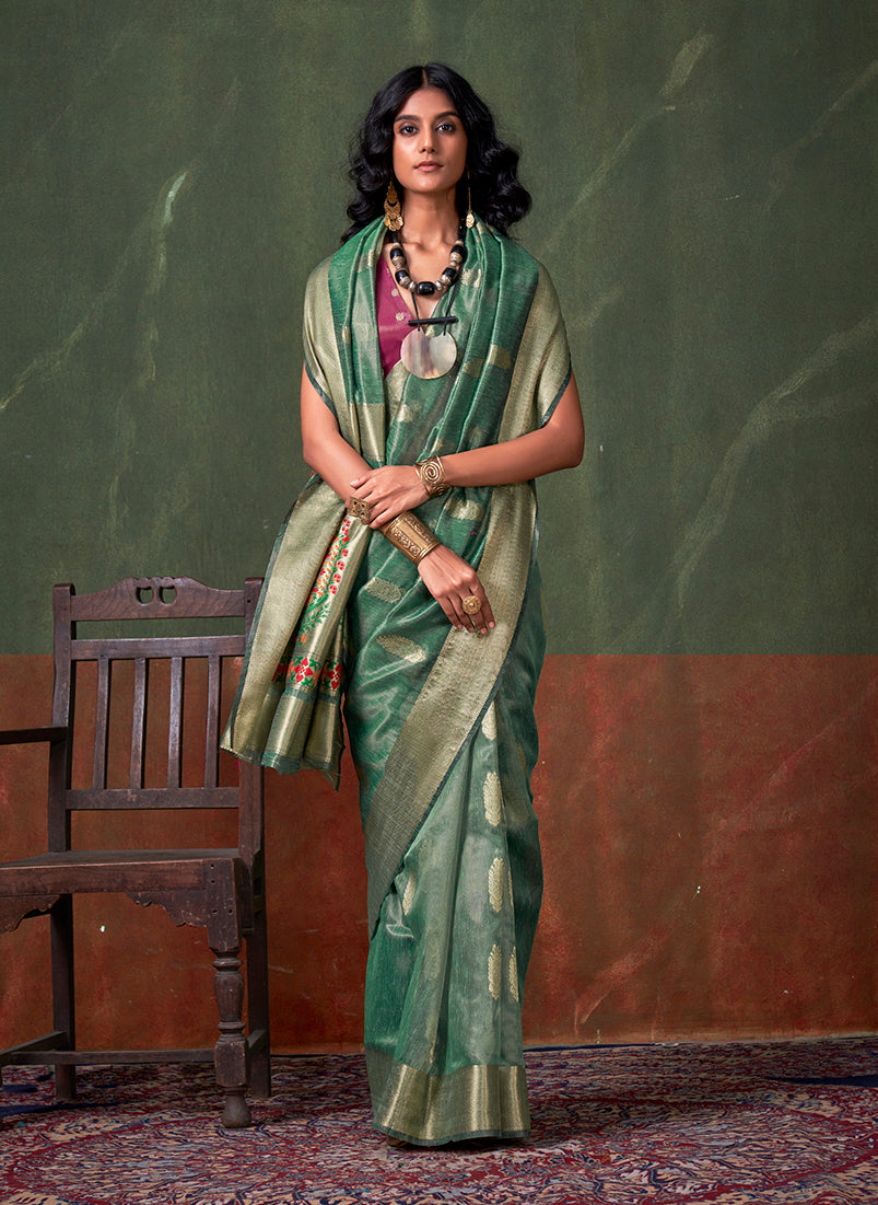 Monjolika Fashion Weaving Zari Tissue Silk Designer Saree In Sea Green