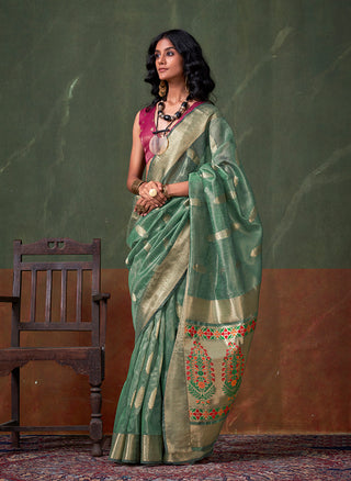 Monjolika Fashion Weaving Zari Tissue Silk Designer Saree In Sea Green