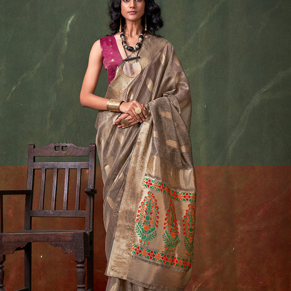 Monjolika Fashion Weaving Zari Tissue Silk Designer Saree In Grey - Distacart