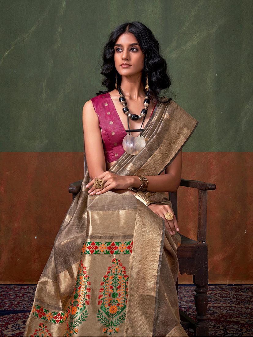 Monjolika Fashion Weaving Zari Tissue Silk Designer Saree In Grey