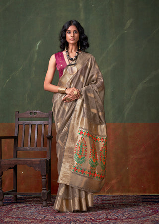Monjolika Fashion Weaving Zari Tissue Silk Designer Saree In Grey