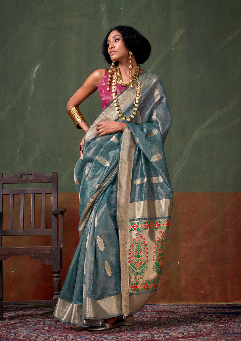 Monjolika Fashion Weaving Zari Tissue Silk Designer Saree In Blue